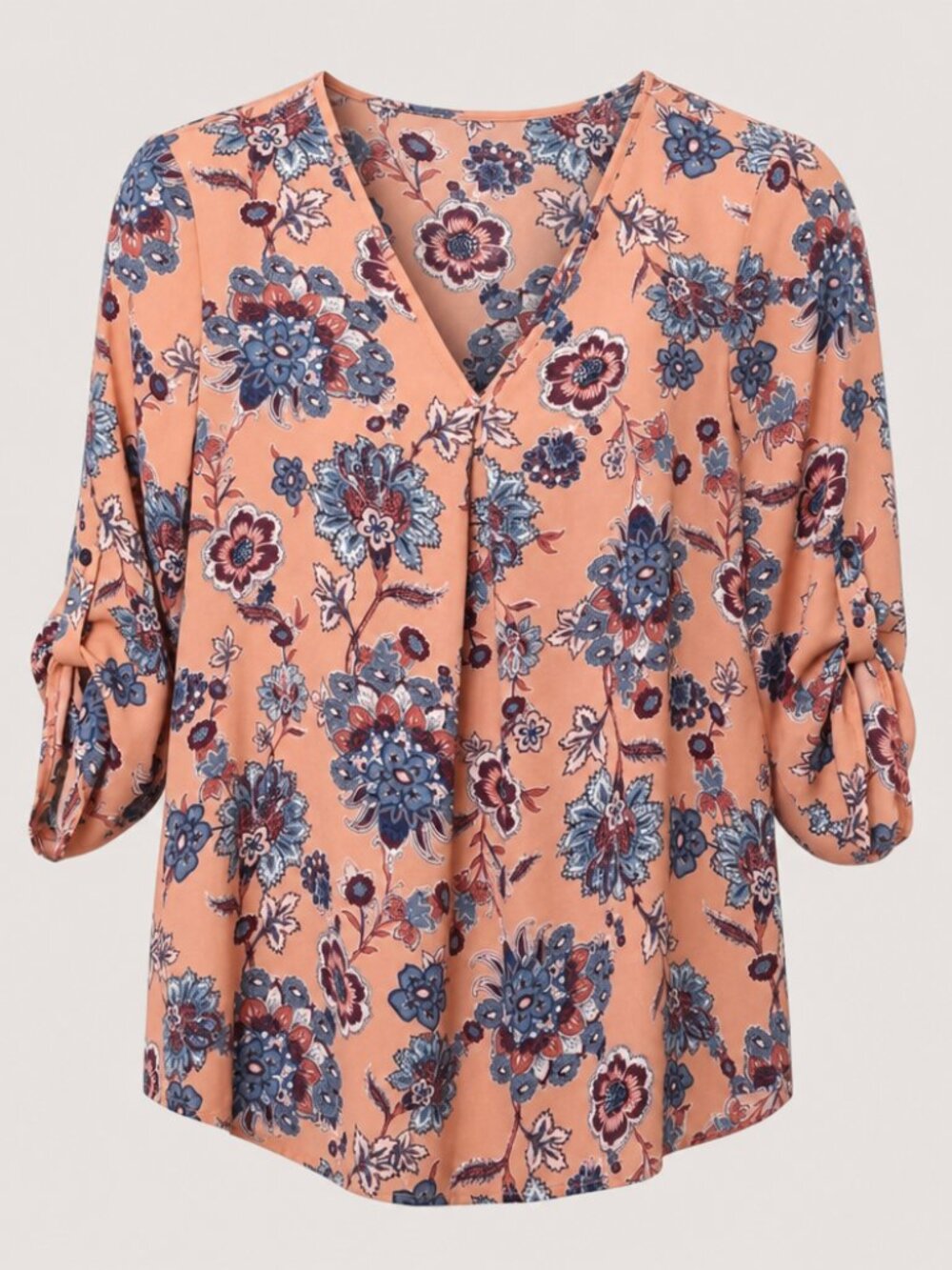 Pink Rose Popover V Neck Floral Roll Tab Sleeve Top Blouse size small